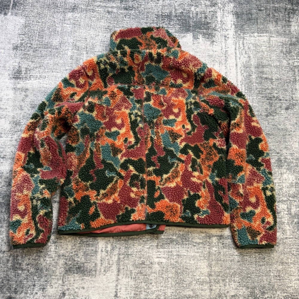 LL Bean Jacket Women Medium Petite Sherpa Fleece Snap Coat Colorful Camo Granola - Picture 4 of 9